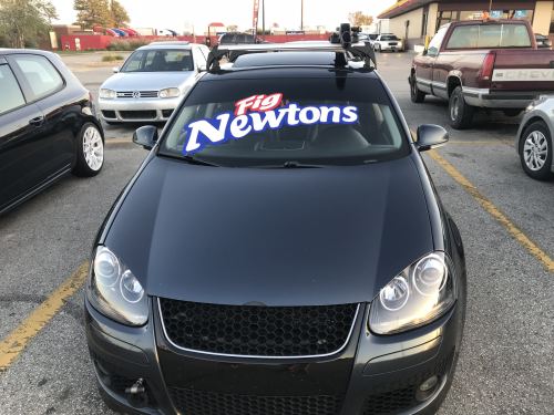 on the way to fishers for volktober fest! “This sticker is dangerous and inconvenient but I do love Fig Newtons.”